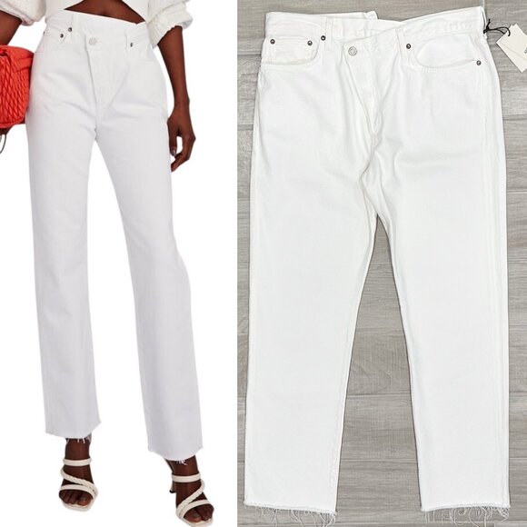 Agolde High-Rise Criss Cross Straight Leg Raw Hem Jeans in Element White Size 33 - Picture 1 of 16